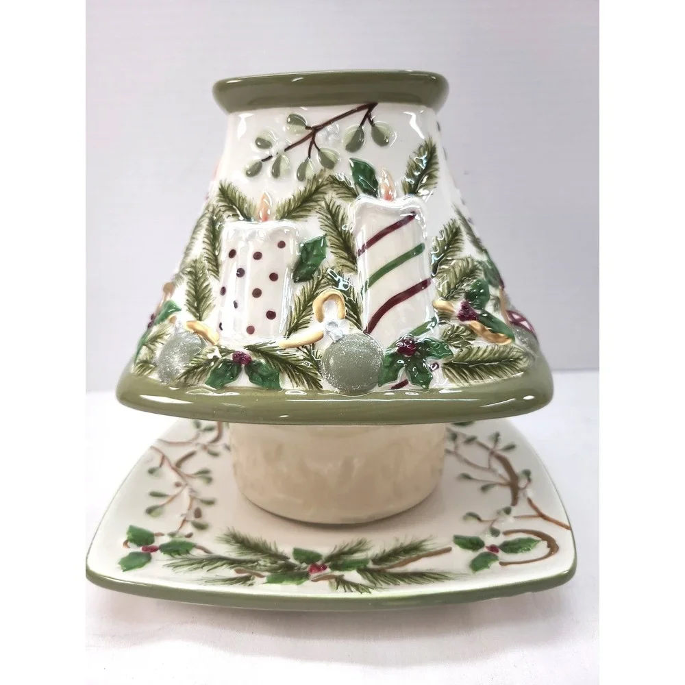 Yankee Candle Mistletoe Candle Jar Shade Holder w Plate Ceramic Holiday **READ**